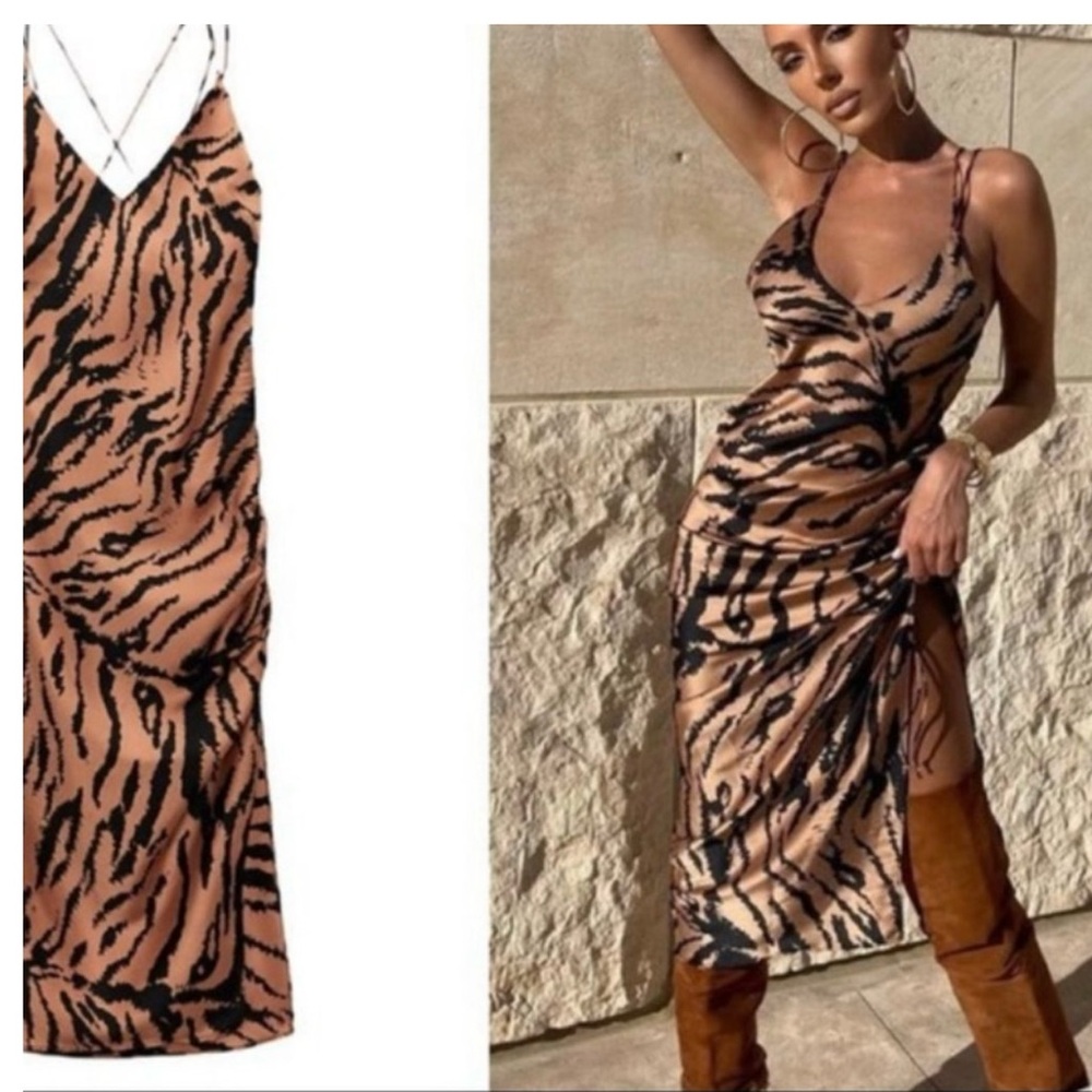 ZARA BROWN BLACK TIGER STRIPE SILKY SATIN
RUCHE SLIP DRESS
